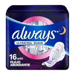 TOALLAS SANITARIAS ALWAYS ULTRAFINA FLUJO ABUNDANTE SUAVE 16UN